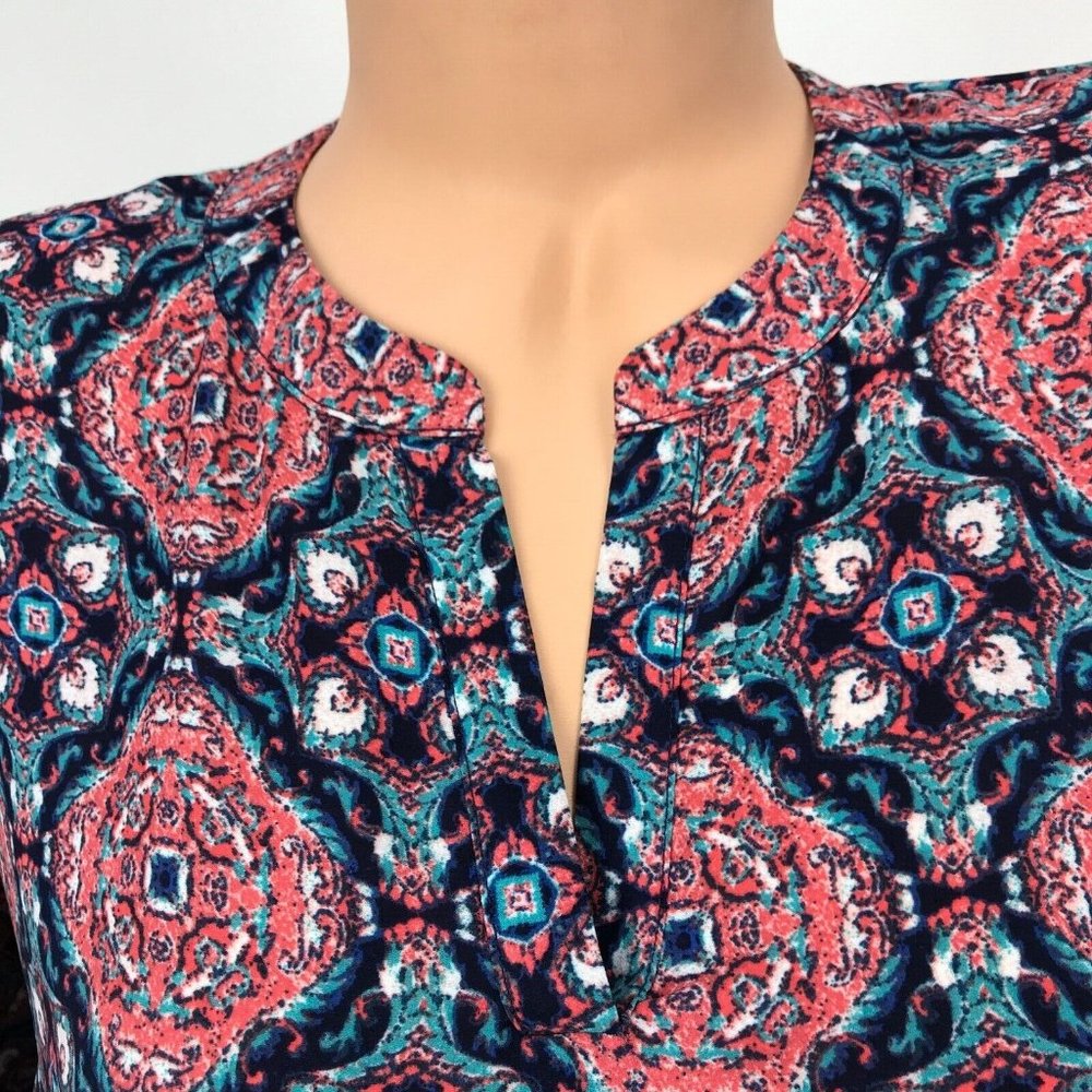 Pink Rose Boho Tribal Tie Dye Print Short Sleeve Top V-Neck 3/4 Sleeve Blouse L - Picture 3 of 6